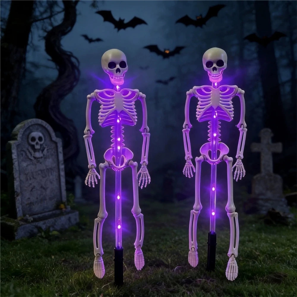 2PC/Set Halloween Outdoor Solar Garden Lights Waterproof 3D Horror Bat Skeleton Purple Orange Stake Lights House Party Decor