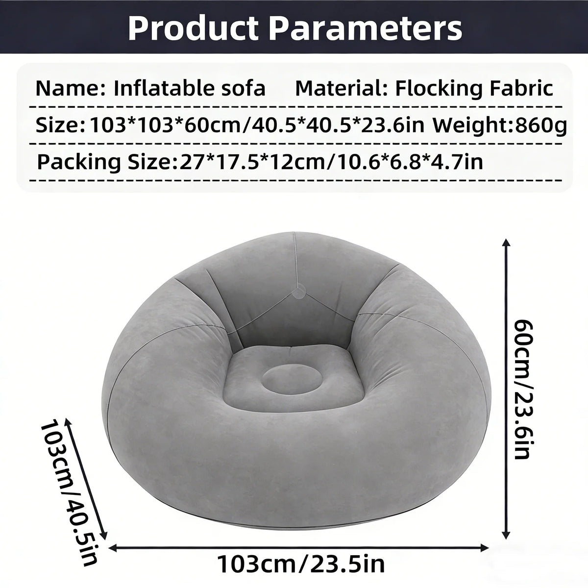 Soft Inflatable Round Lazy Air Sofa Portable Leisure Lounge Chair Indoor Outdoor Camping Bean Bag Seat for Bedroom Patio Backyar
