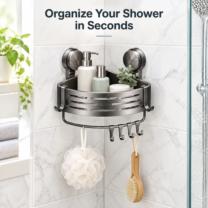 Wall Mounted Shower Basket,Rust-Free Suction Shelf, Holds Toiletries&Towel, Quick Installation, No Tools Needed, Easy Wipe Clean