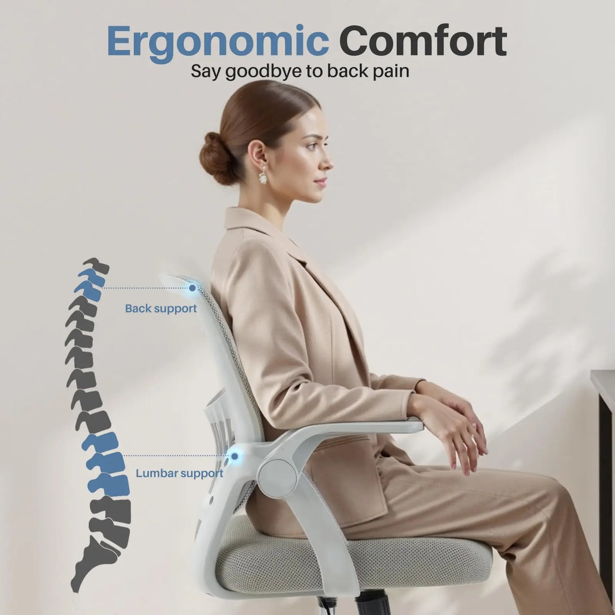 JHK Home Office Computer Chair Ergonomic Mid Back Desk with Lumbar Support 360° Swivel Height Adjustable with Flip-up Armrest