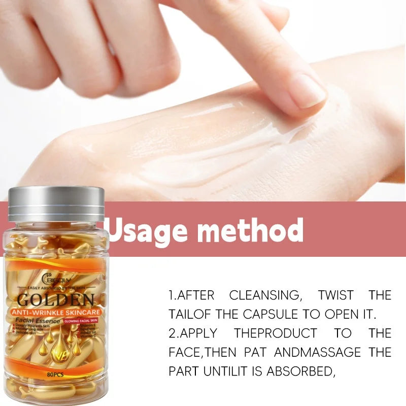 80 Capsules of Facial Anti-Wrinkle Serum, Rich in Vitamins C, E, and Squalane, Moisturizes and Nourishes the Skin, Making It Smooth and Delicate, Packaged in Capsule Form, Hygienic and Portable
