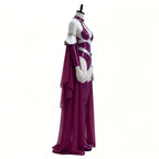 Womens Halloween Costume Shiny Metallic Purple Bodysuit Set Halter Jumpsuit With Long Chiffon Cape Halloween Party Fancy Costume