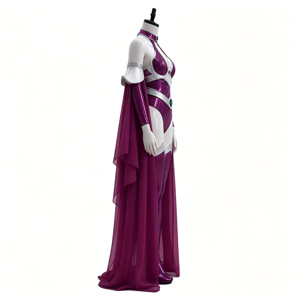 Womens Halloween Costume Shiny Metallic Purple Bodysuit Set Halter Jumpsuit With Long Chiffon Cape Halloween Party Fancy Costume