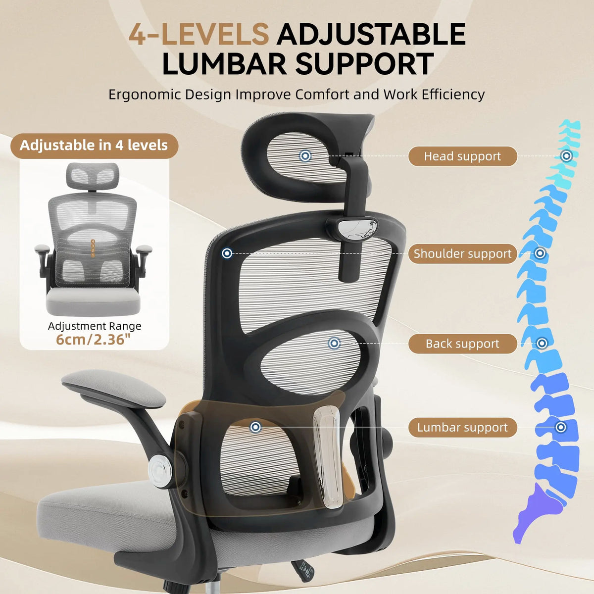 Ergonomic High-Back Mesh Chair Adjustable Headrest Lumbar Support 360° Swivel Rolling Computer Gaming Chairs for Home Office