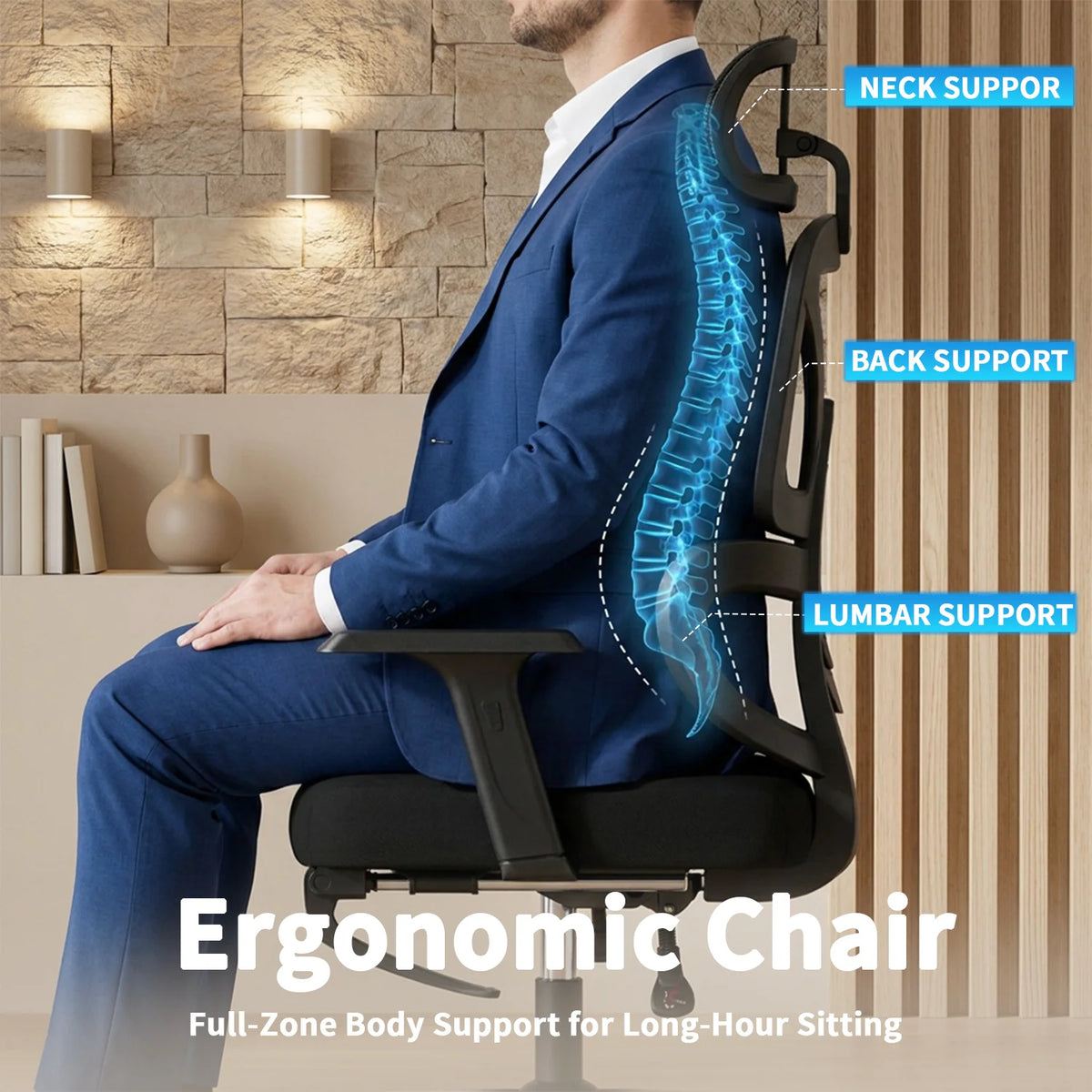 Ergonomic Office Chair High Back Mesh with 2D Adjustable Headrest Retractable Footrest 66° Rotating 2.6' Lifting Thick Sponge Seat Lumbar Support Quiet Swivel Casters for Home Office