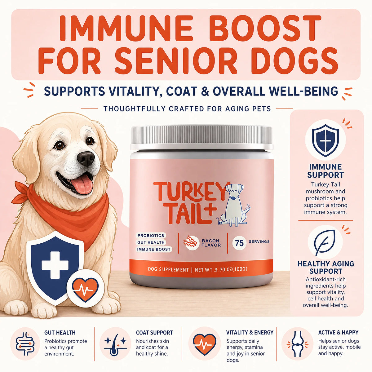 Dog Probiotic Soft Granules with Turkey Tail Mushroom&Vitamin Bacon Flavor Digestive Supplement Gut Health Daily Pet Nutrition