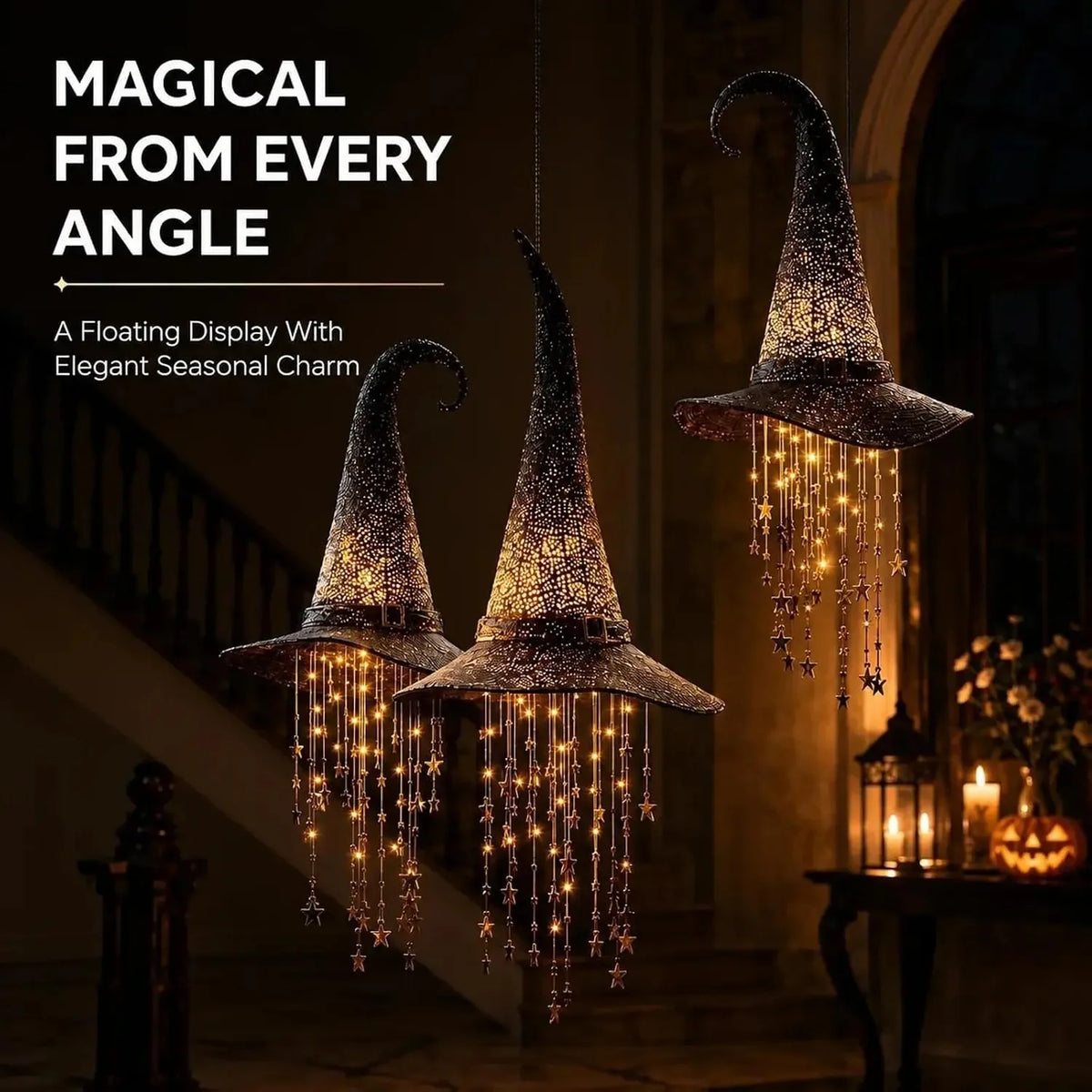 Lighted Witch Hat Hanging Chime, Halloween Outdoor Ornament, Glowing Mesh Cascading Stars, Black Frame Decoration, Party Decor