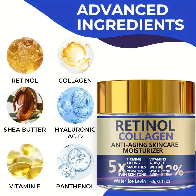Retinol Collagen Hyaluronic Acid. Anti-Aging Moisturizer 5X Firming Lift. Even Skin Tone. Vitamins A B5 C E Panthenol. 60g