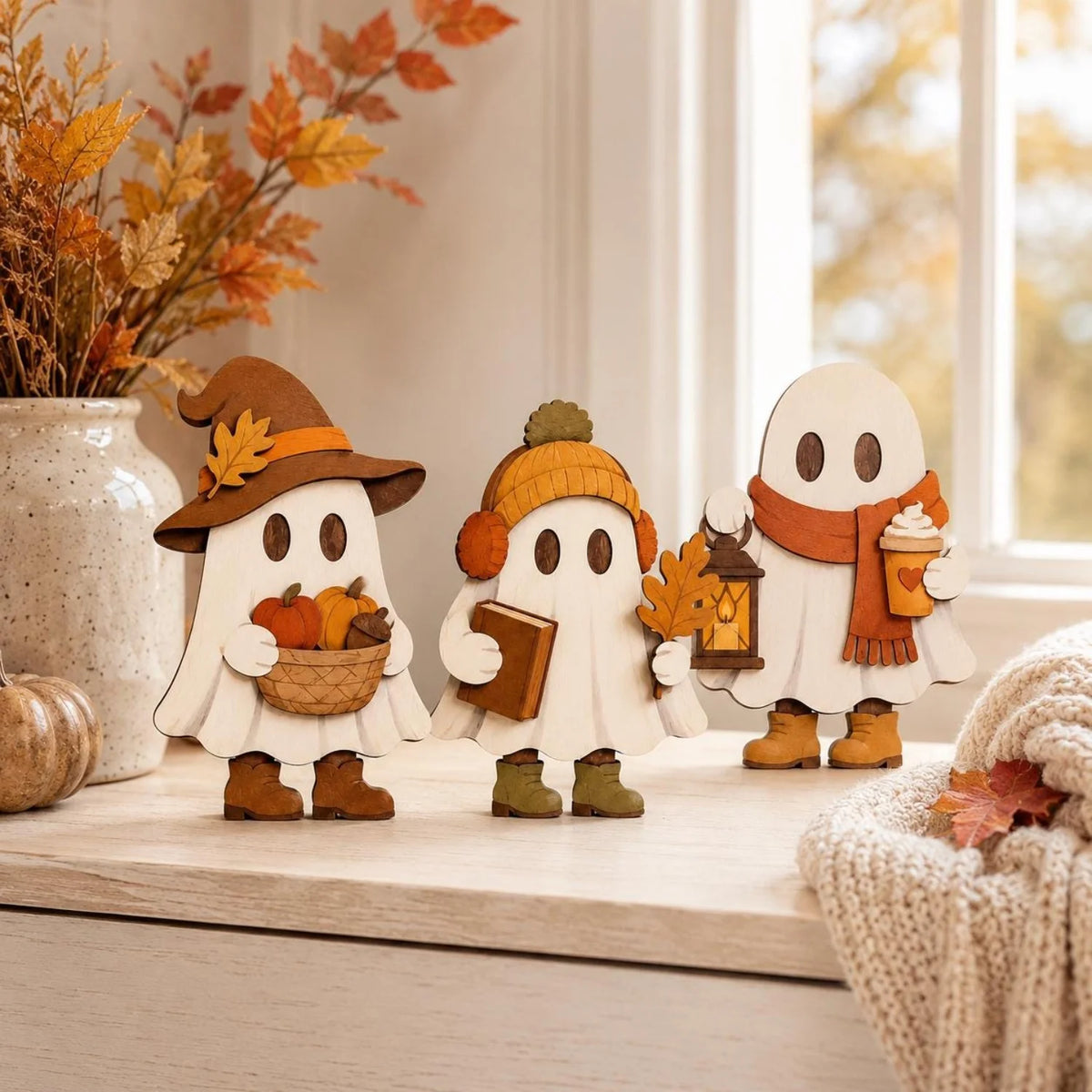 Wooden Autumn Three-Piece Decorative Ornaments, Cute Autumn Shelf Decorations, Suitable for Halloween, Christmas, Thanksgiving Table Decorations, Office Desk, Living Room, Dining Room Decorations, Home Decor, Party Decoration