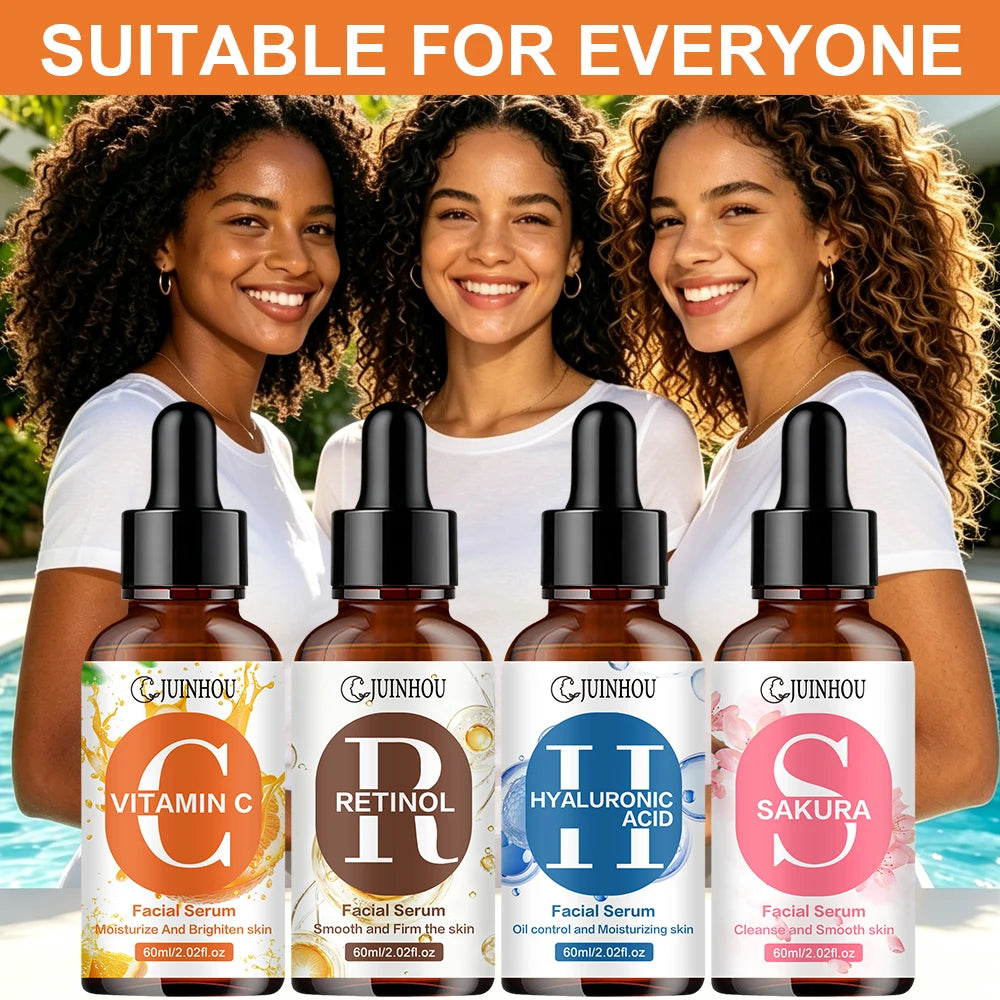 JUINHOU 4pcs Vitamin C + Retinol +Sakura + Hyaluronic Acid Serum Brightening & Hydration Combo Supple Skin For All Skin Type