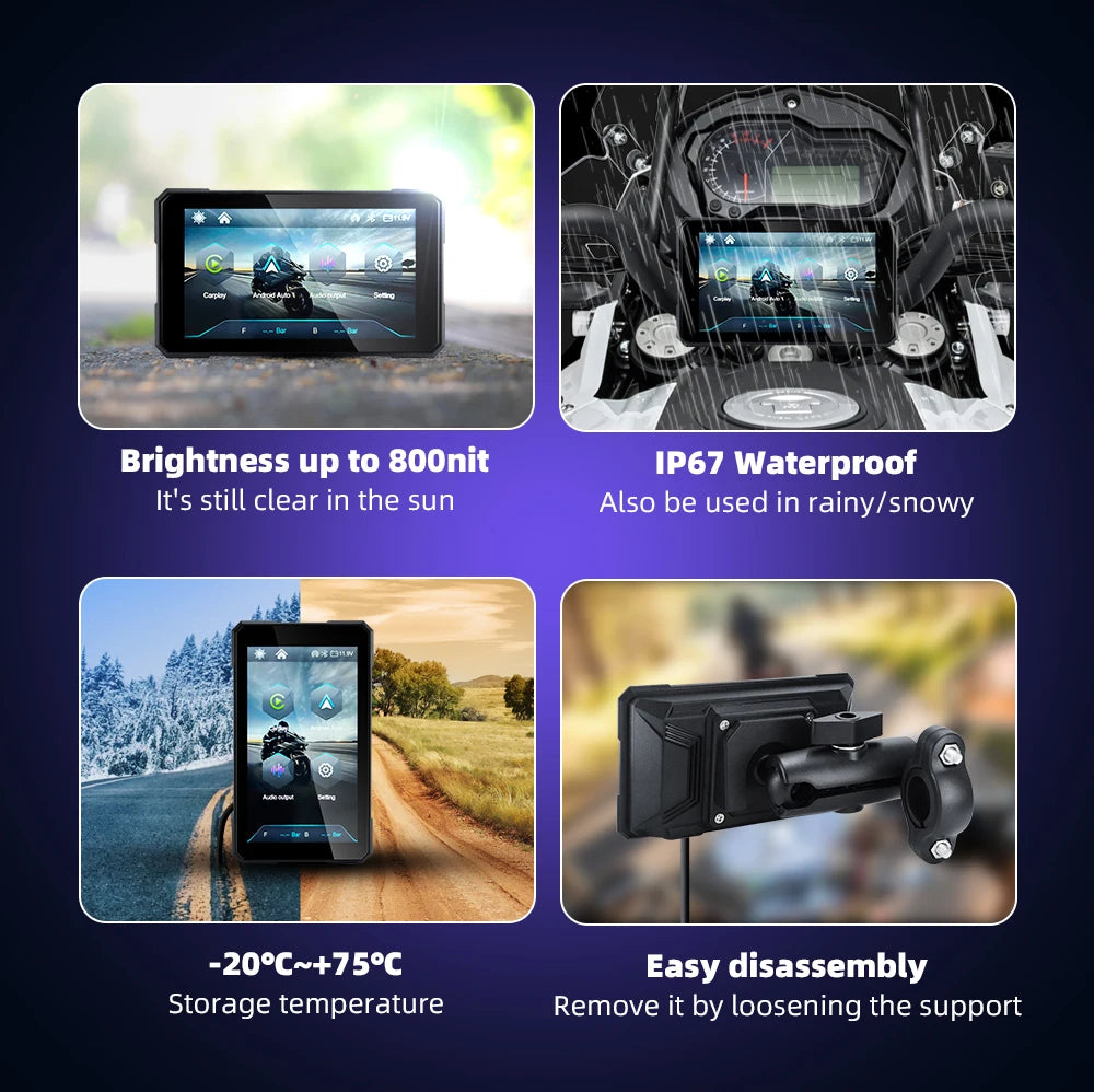 EKIY 5.0 inch Wireless CarPlay Moto Android Auto Portable Digital Motorcycle Dashboard GPS Navigation Removable Display Screen