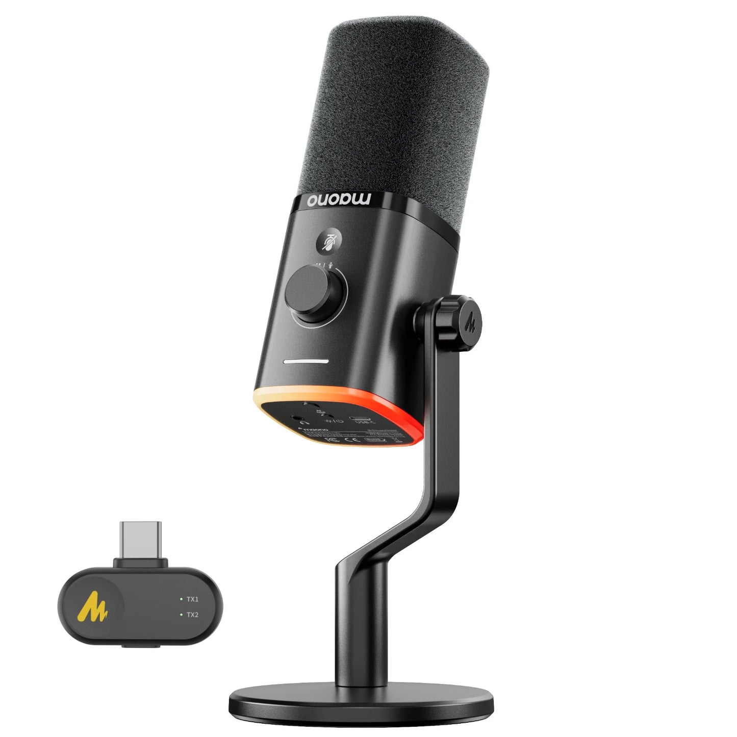 MAONO PD100W Wireless Dynamic Microphone Cardioid Dynamic Mic 50m Range One-Touch Noise Reduction RGB for Gaming Live Streaming