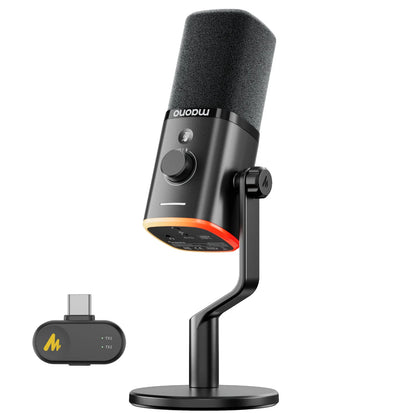 MAONO PD100W Wireless Dynamic Microphone Cardioid Dynamic Mic 50m Range One-Touch Noise Reduction RGB for Gaming Live Streaming