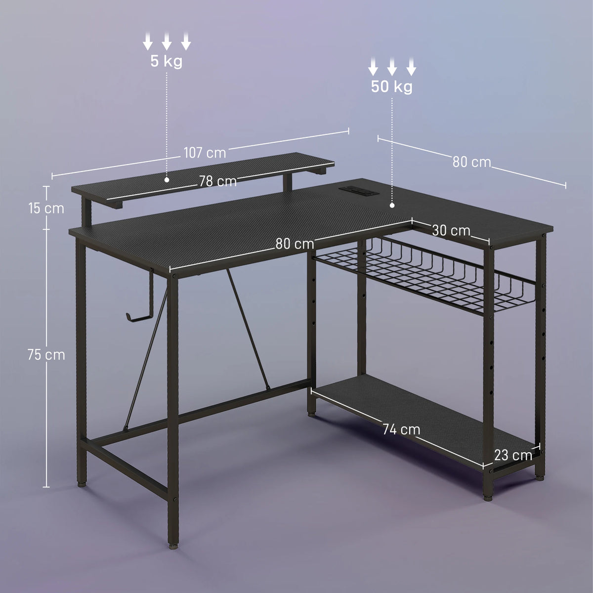 HOMCOM Desk angle reversible LED 2 sockets and 2 USB ports, 107x80cm, computer Desk with shelf, screen holder, basket adjustable and remote control, to study working bedroom, Black