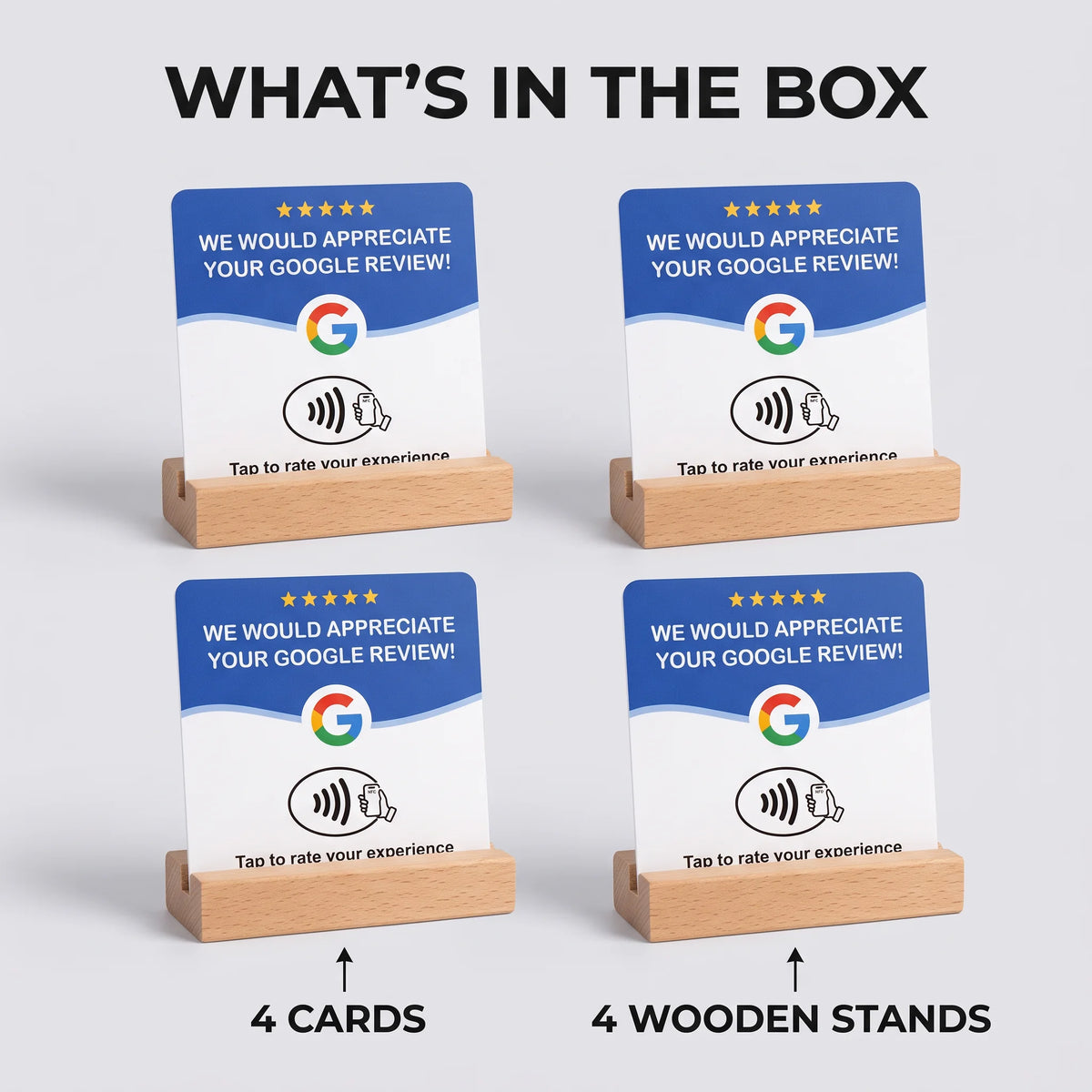 4-Pack Acrylic NFC Google Review Cards with Four Wooden Bases Included for Interactive Feedback And Reviews