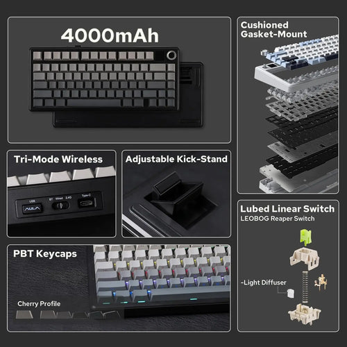 Aula F75 MAX Wireless Mechanical Keyboard With TFT Screen and Knob Gasket RGB Backlight Gaming Keyboard in 75% Layout Hot-Swap