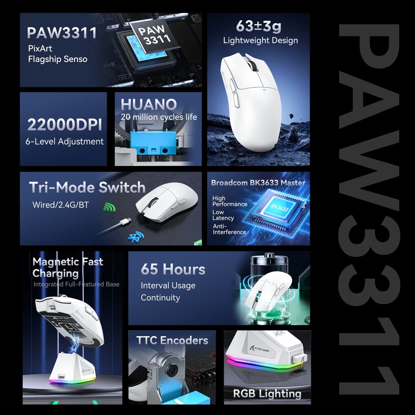 Attack Shark X11 PAW3311 Wireless Bluetooth Mouse, 2.4G 400IPS RGB PC Gaming Mouse