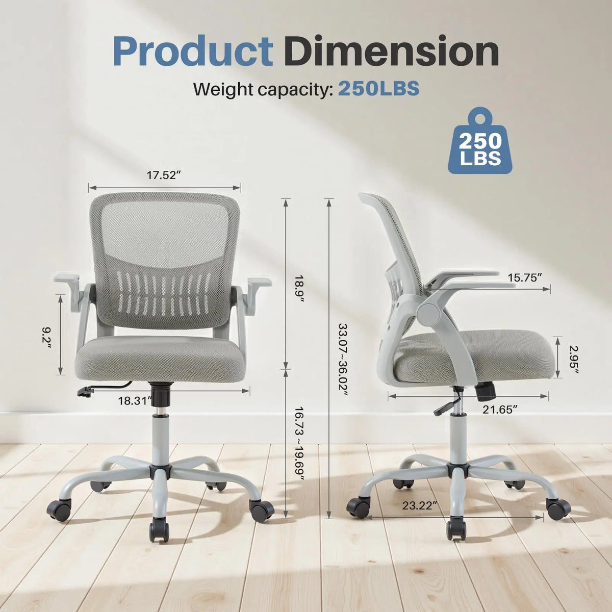 JHK Home Office Computer Chair Ergonomic Mid Back Desk with Lumbar Support 360° Swivel Height Adjustable with Flip-up Armrest