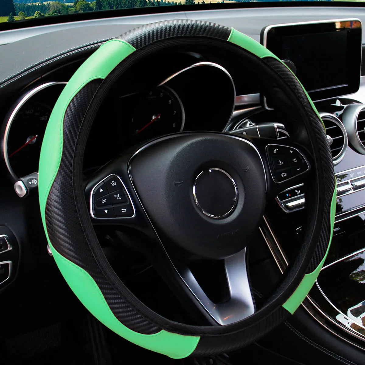 Universal Fit PU Carbon Fiber Leather Car Steering Wheel Cover 14.5-15 Inch No Inner Ring Required Vehicle Decoration Accessory