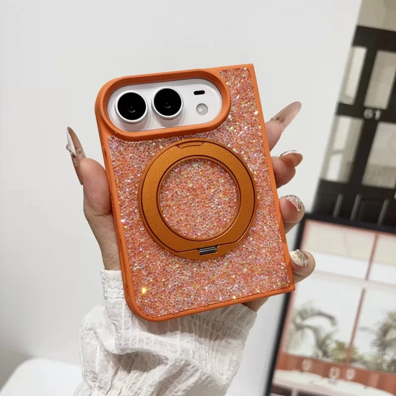 For iPhone Duo New Luxury Shell Flash Diamond 360° Rotating stand Phone Case For Magsafe Magnetic Wireless Charging Girl Cover