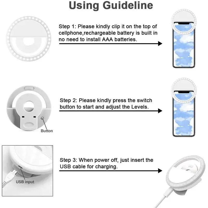 1 USB-Ladekabel LED Selfie-Ringlicht Einstellbare Helligkeit Handy-Kamera-Fülllicht für iPhone Samsung Xiaomi Huawei