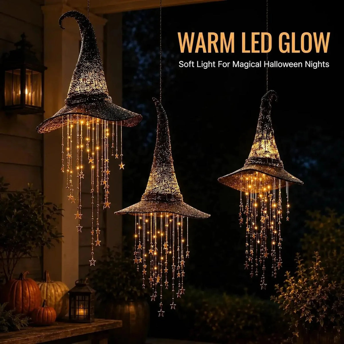 Lighted Witch Hat Hanging Chime, Halloween Outdoor Ornament, Glowing Mesh Cascading Stars, Black Frame Decoration, Party Decor