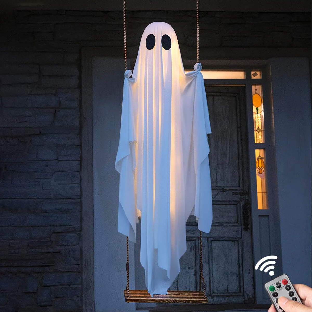 Hanging Swing Ghost Halloween Decoration Cute White Ghost with String Light Spooky Ghost Ornament for Porch Yard Trees