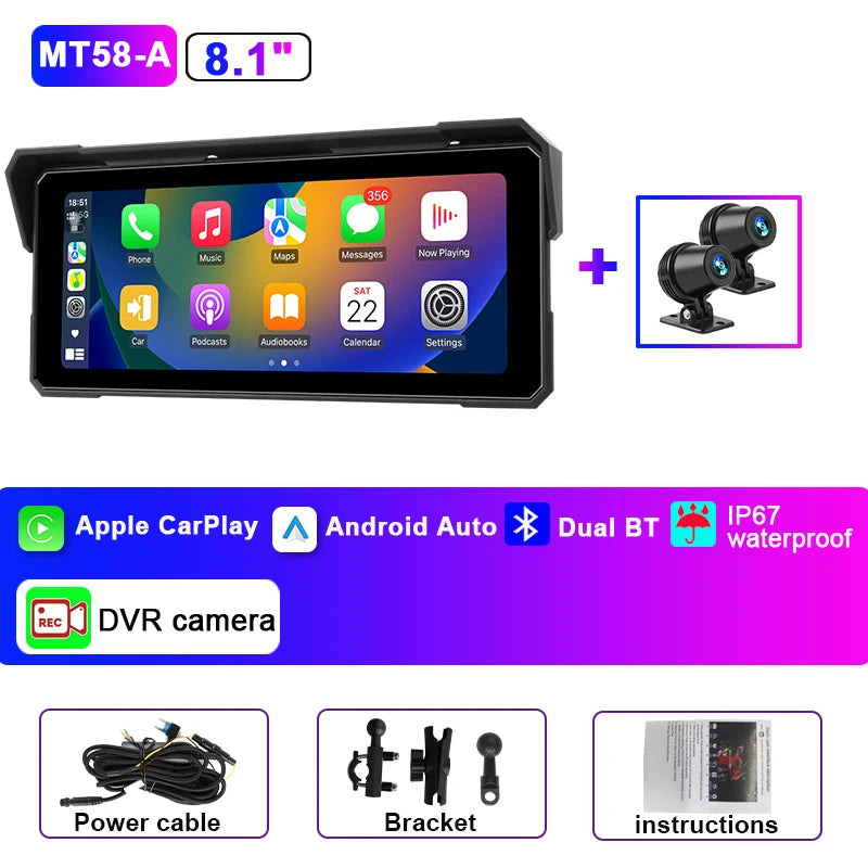 Jansite Portable 8.1 inch IP67 Waterproof Motorcycle 4K DVR GPS Navigation Wireless Carplay Android Auto Moto Recorder Monitor