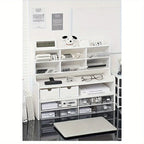 1PC 2-Tier Desk Organizer & Drawer Storage|With Tilt Pen Holder, Raised Bookshelf |Matte White PVC For Stationery, Cosmetics, O