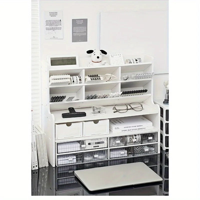 1PC 2-Tier Desk Organizer & Drawer Storage|With Tilt Pen Holder, Raised Bookshelf |Matte White PVC For Stationery, Cosmetics, O