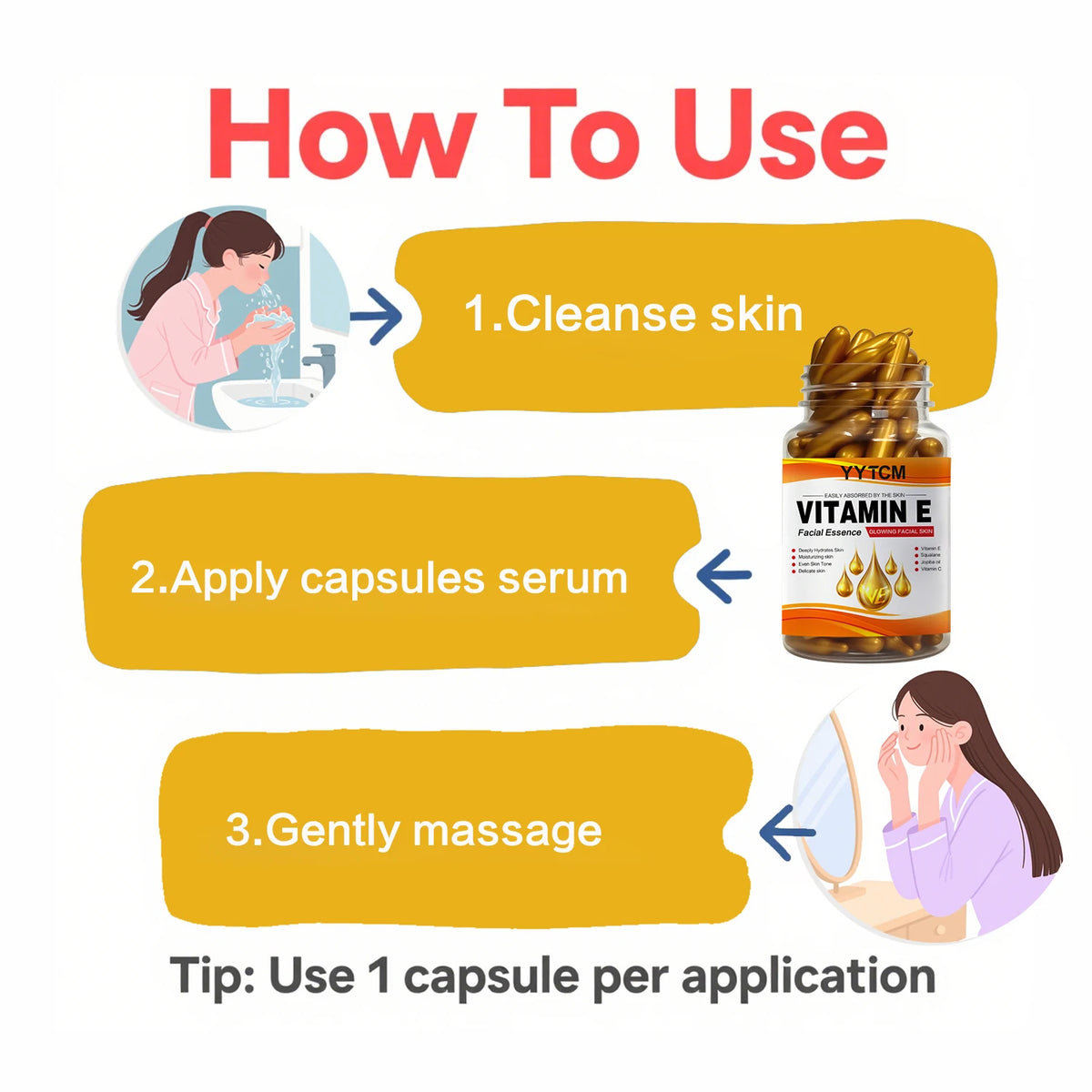 Vitamin E Deep Moisturizing Capsule Essence, Hydrates and Smooths Skin, Contains Plant-Based Squalane, Vitamin C, Deep Hydration and Brightening Skin Essence, 18 Capsules/30 Capsules/48 Capsules/60 Capsules/90 Capsules/120 Ca
