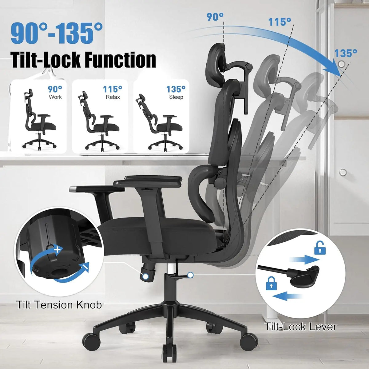 Ergonomic Mesh Office Chair Adjustable Headrest Lumbar Support Computer Chair High Back Desk Chair Swivel Task Chair for Home Office