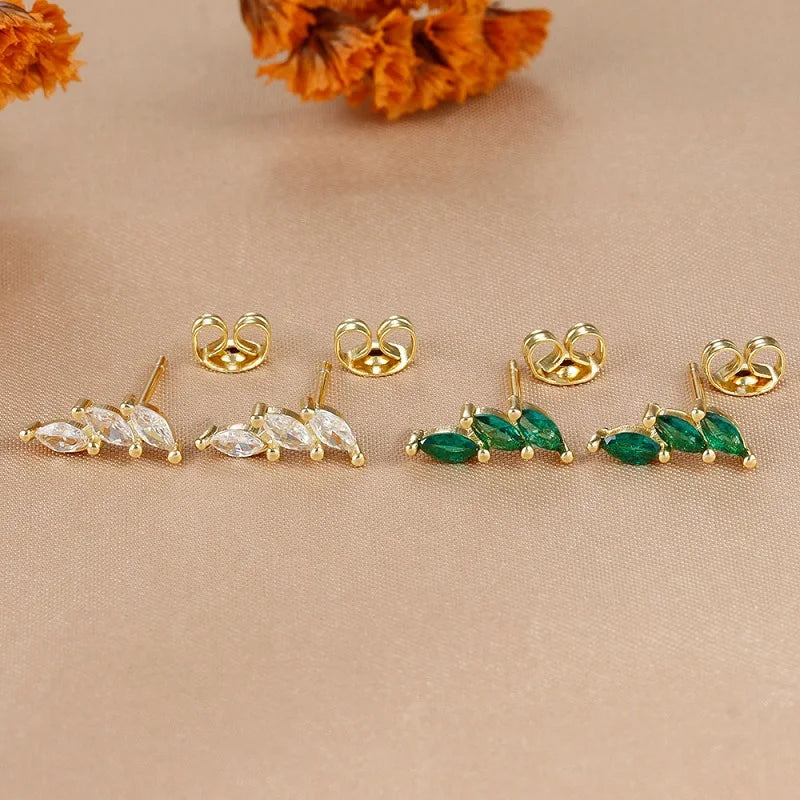 Luxury Green Crystal Zircon Leaves Stud Earrings for Women Fashion Gold Color Geometric Piercing Earring Bride Wedding Jewelry