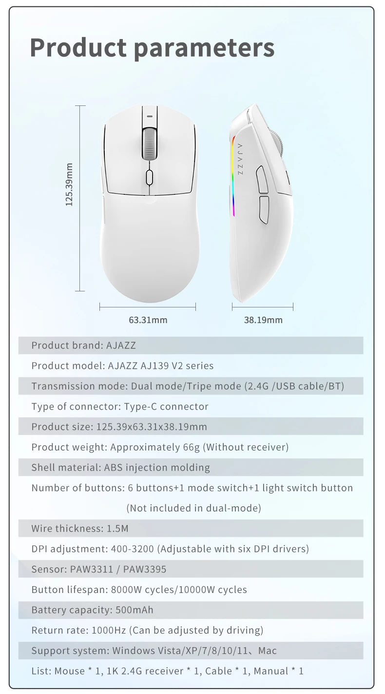 Ajazz AJ139 V2 MC Wireless Gaming Mouse Magnetic Charging Base with Anti Slip Adhesive PAW3311 Sensor Tir Mode Office Mouse