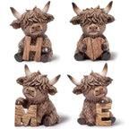 4-piece set, Highland cow ornaments, HOME letter style wooden Highland cow tabletop decoration, cow elf statue, suitable for living room, bedroom, fireplace mantel, and desk decoration