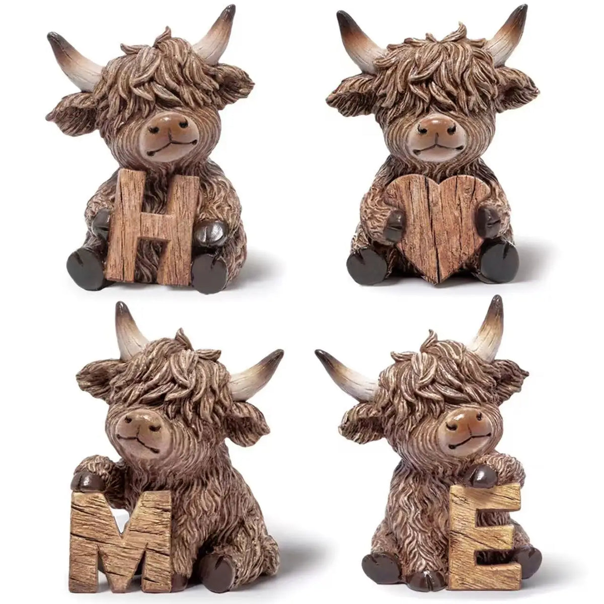4-piece set, Highland cow ornaments, HOME letter style wooden Highland cow tabletop decoration, cow elf statue, suitable for living room, bedroom, fireplace mantel, and desk decoration