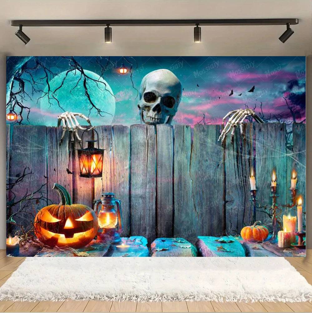 Horror Halloween Photography Background Moon Night Castle Forest Pumpkin Lantern Skeleton Family Party Photo Backdrop Decoration