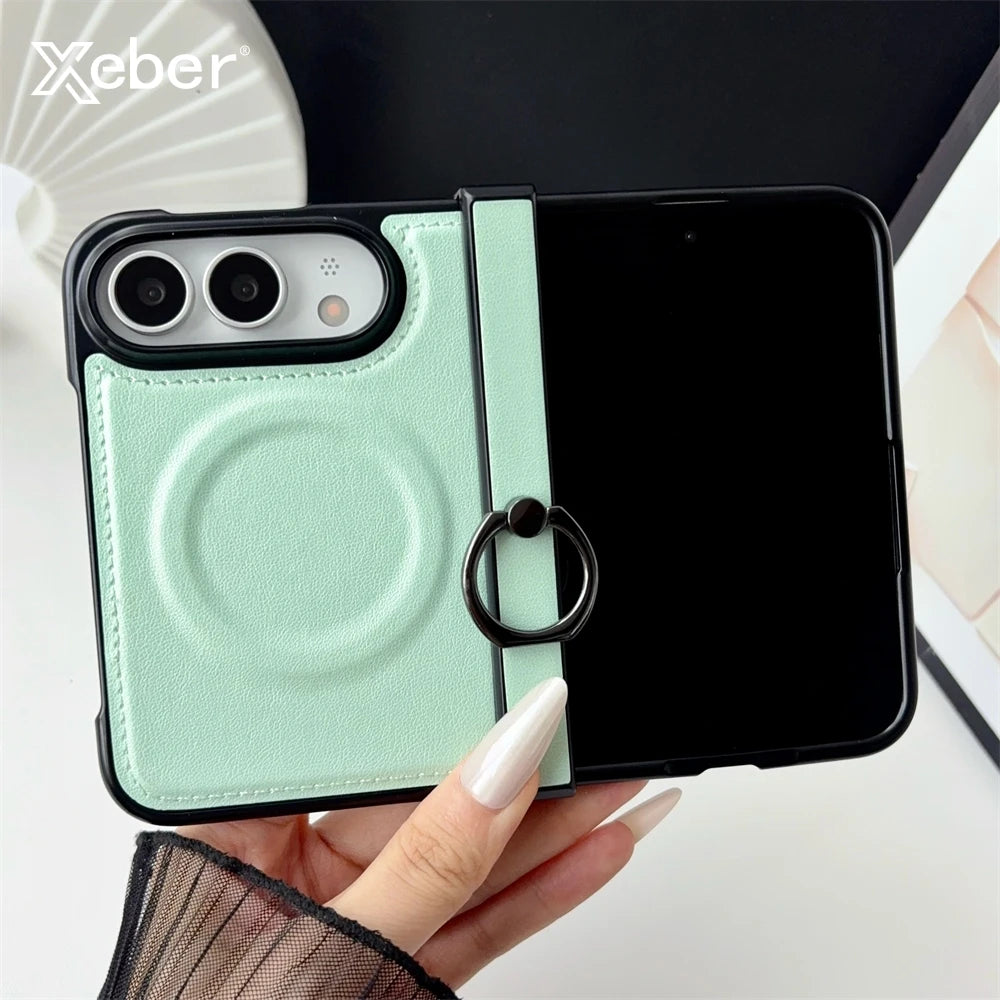 Vegan Leather Magnetic Ring Phone Case For iPhone Duo Shockproof Matte For Magsafe Wireless Charging Shockproof Back Cover
