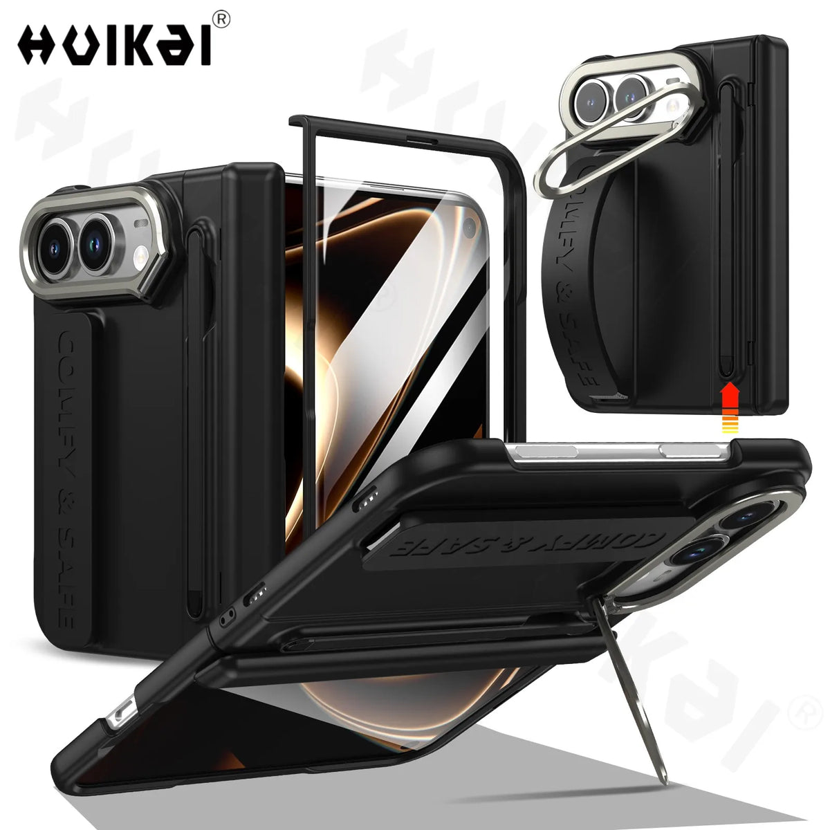 For Apple iPhone Duo Case With Stylus Pen Holder Stylus Screen Protector Camera Stand Wristband Hinge Protection Phone Cover