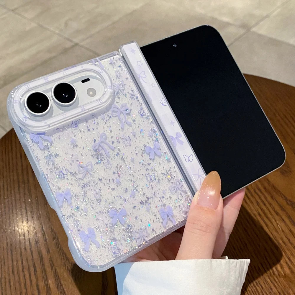 Luxury Glitter Sequins Transparent Bows Phone Case For iPhone Duo Clear Hinge Protection Soft Silicone Shockproof Bumper Cover