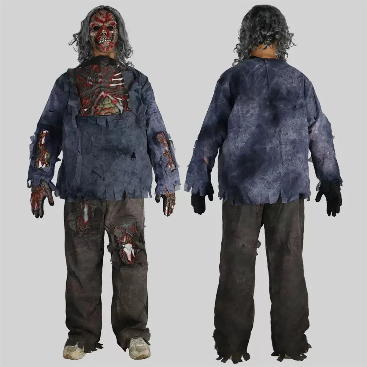 Kids & Adults Zombie Cosplay Costume, Scary Horror Bloody Skeleton  Outfit with Mask Gloves, Halloween Carnival Fancy Dress