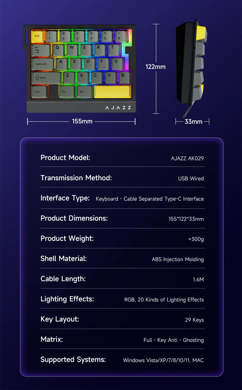 AJAZZ AK029 Wired One-Handed Gaming Keyboard HE Magnetic Switch 29 Key RGB 8000Hz Mini Mechanical Keyboard for E-sports PC Gamer