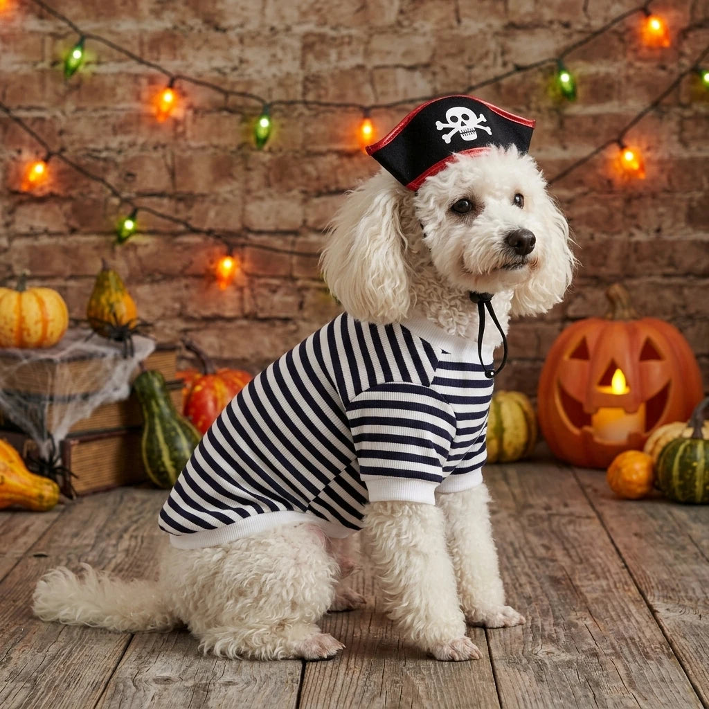 Halloween Pirate Pet Costume Set with Skull Hat Black White Striped Dog Cat Shirt Sweatshirt Spooky Cosplay Party Apparel Outfit