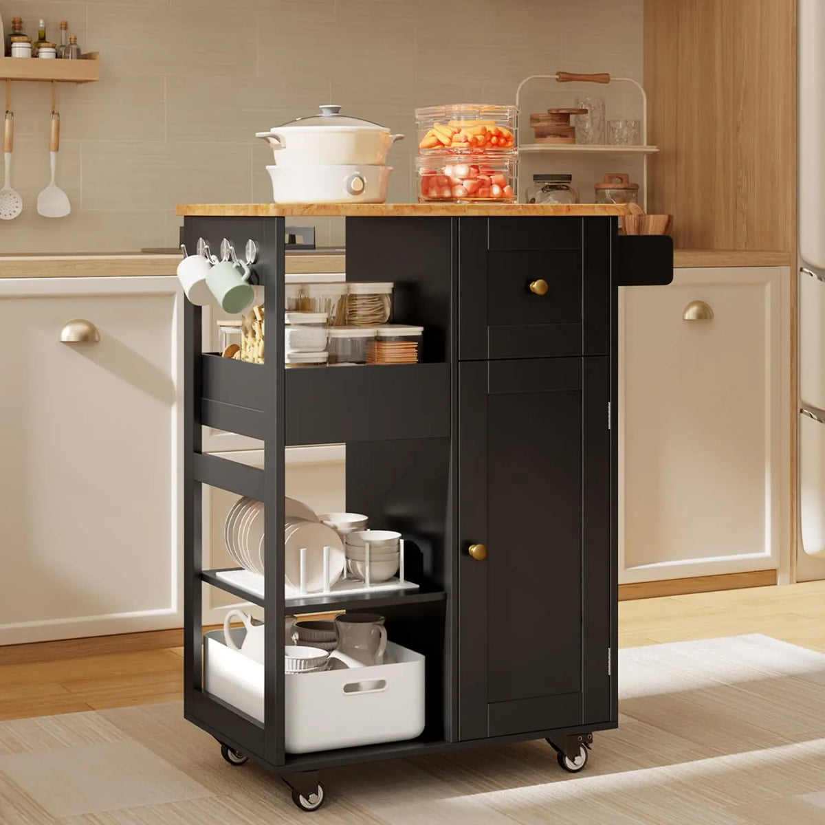Kitchen Island Cart with Thickened Wooden Countertop, Rolling Cabinet with Drawers & Shelves for Dining Room, Black, Customized