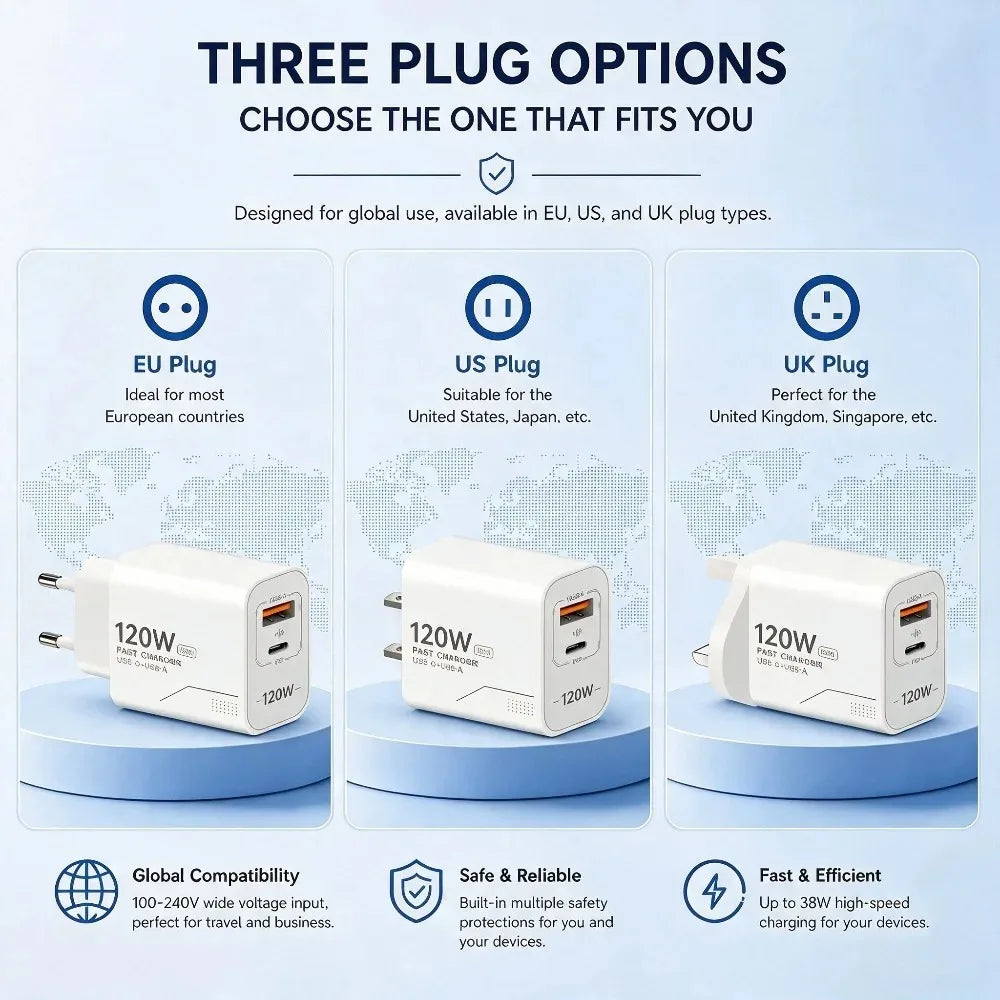120W GaN USB C Charger 2-Port Fast Charging Phone Charger Power Adapter For iPhone Samsung Xiaomi Type C US Plug Wall Charger