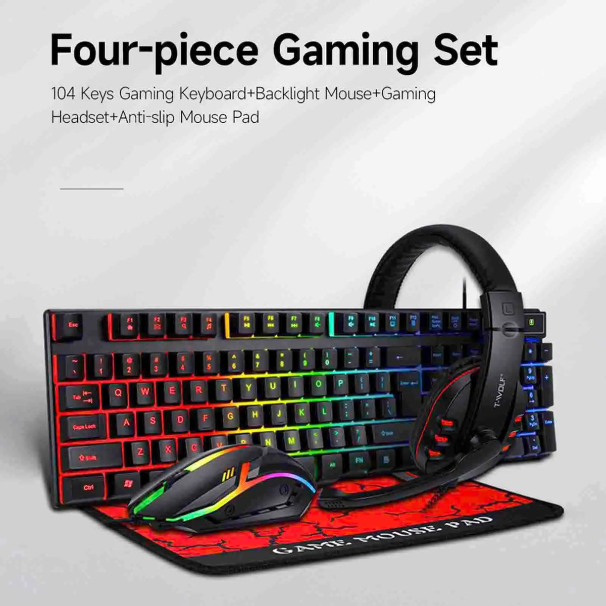 Gaming Keyboard 104 Keys & Gaming Mouse Controller 4-color Breathing Light Mouse 3.5mm Gaming Headset Anti-slip Mouse Pad Combo