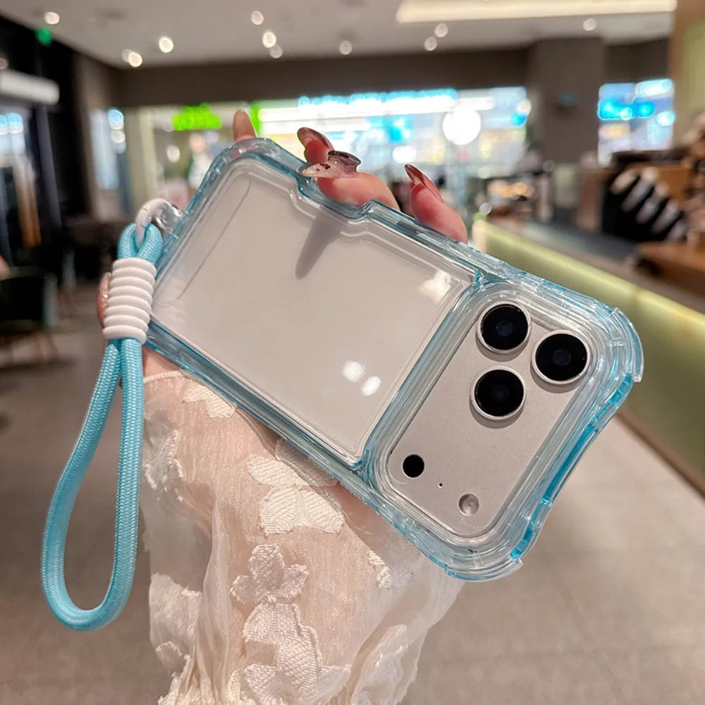 Luxury 3in1 Clear Anti-Drop Phone Case for iPhone 18 17 16 15 14 Plus 13 Pro Max Candy Colour Frame Wrist Strap Protection Cover