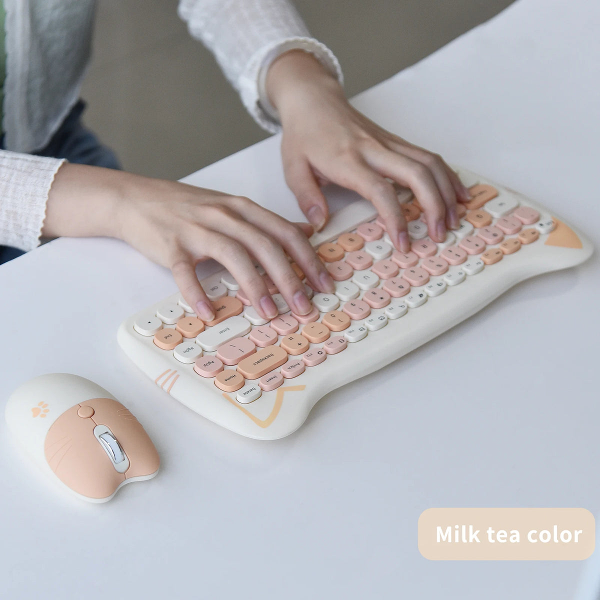 GEEZER Wireless Silent Keyboard Mouse Combo, Pink-Black Cat Ear Retro Round Keycaps US QWERTY Layout