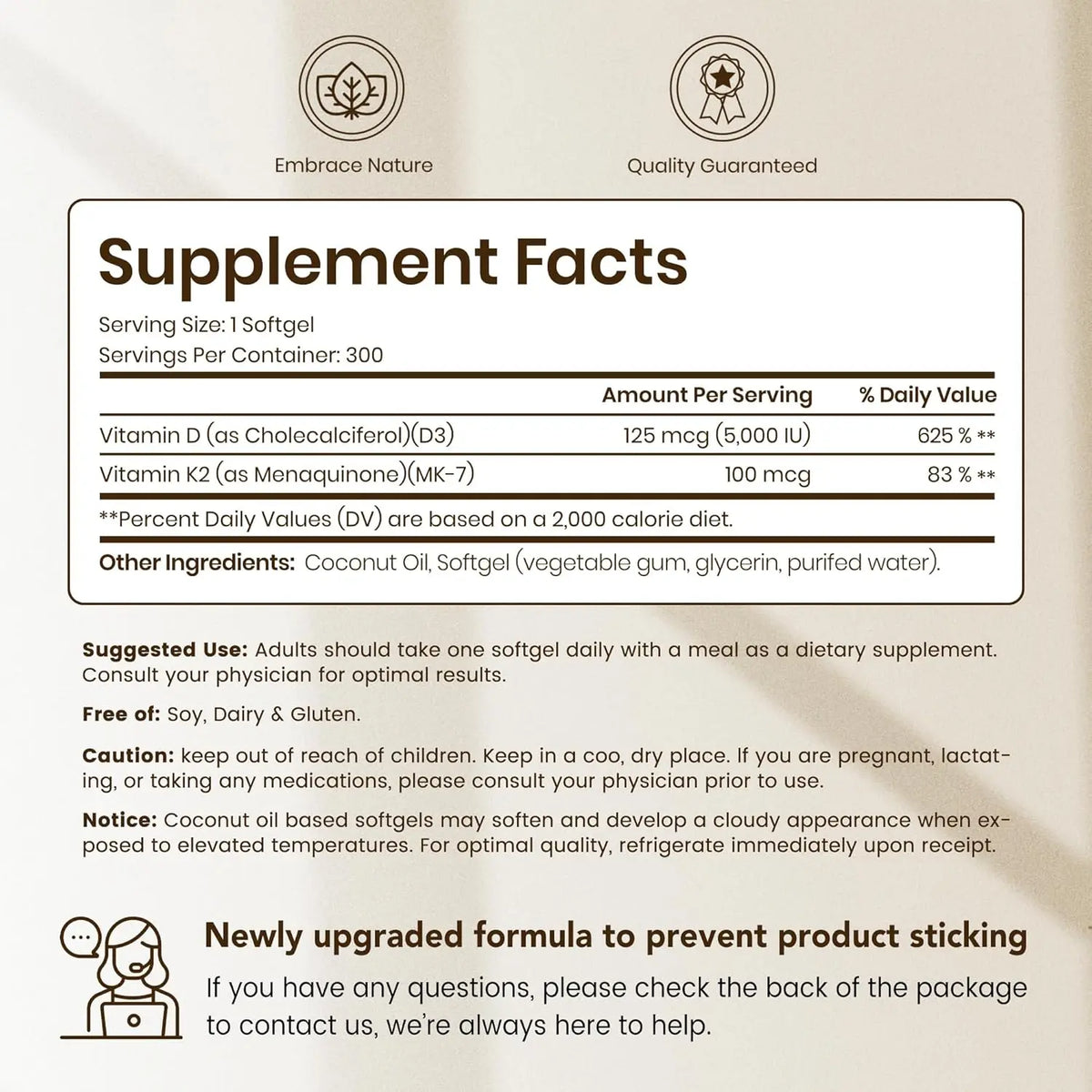 VEV Corefeel Vitamin D3 K2 5,000 IU, 100 mcg MK-7, 300 Coconut Oil Softgels| 2-in-1 Vitamin D & K Supplement, Easy to Swallow