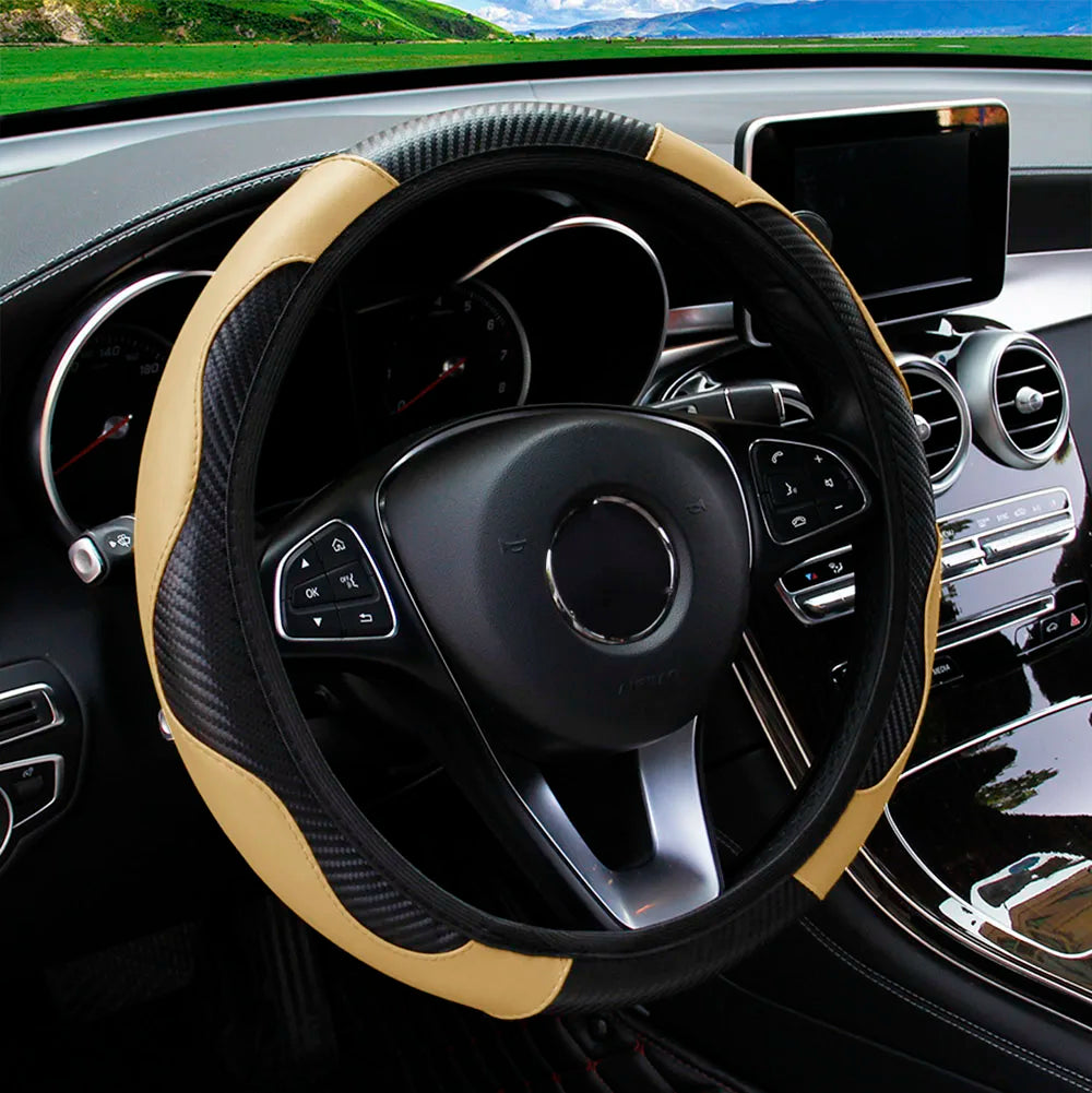 Universal Fit PU Carbon Fiber Leather Car Steering Wheel Cover 14.5-15 Inch No Inner Ring Required Vehicle Decoration Accessory